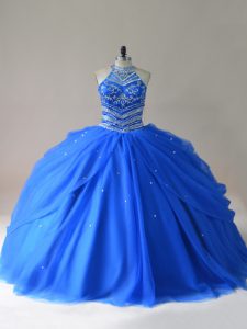 Stylish Tulle Halter Top Sleeveless Lace Up Beading Sweet 16 Quinceanera Dress in Royal Blue