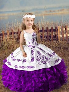 Fantastic Purple Lace Up Kids Pageant Dress Embroidery and Ruffles Sleeveless Floor Length