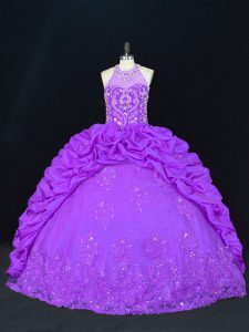 Hot Selling Purple Military Ball Gowns Sweet 16 and Quinceanera with Beading and Appliques and Embroidery and Pick Ups High-neck Sleeveless Lace Up