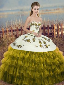 Low Price Sweetheart Sleeveless Quinceanera Gowns Floor Length Embroidery and Ruffled Layers and Bowknot Olive Green Organza