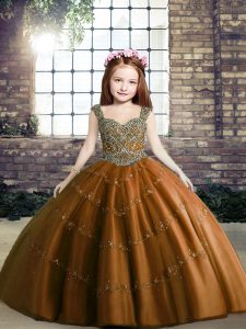 Hot Selling Brown Lace Up Straps Beading Winning Pageant Gowns Tulle Sleeveless
