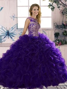 Trendy Purple Organza Lace Up Military Ball Dresses For Women Sleeveless Floor Length Beading and Ruffles