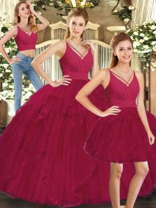 Red V-neck Neckline Ruffles Quinceanera Gown Sleeveless Lace Up