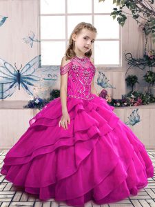 New Style Fuchsia Organza Lace Up Pageant Dress for Teens Sleeveless Floor Length Beading and Ruffles