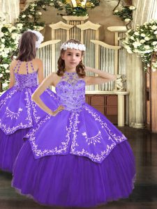 Excellent Purple Little Girls Pageant Dress Party and Wedding Party with Beading and Embroidery Halter Top Sleeveless Lace Up