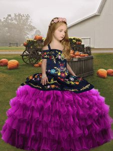 Sweet Floor Length Fuchsia Little Girl Pageant Dress Organza Sleeveless Embroidery and Ruffled Layers