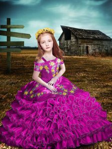 Dramatic Floor Length Fuchsia Child Pageant Dress Off The Shoulder Short Sleeves Lace Up