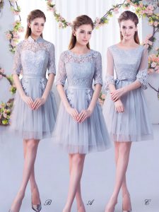Grey Damas Dress Wedding Party with Lace Scoop Half Sleeves Lace Up