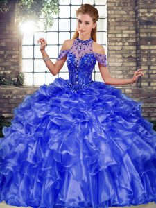 Discount Blue Lace Up Halter Top Beading and Ruffles Sweet 16 Dress Organza Sleeveless