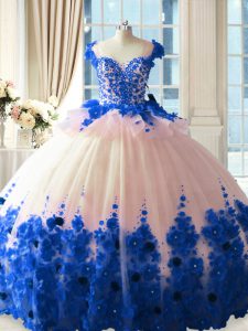 Cute Blue And White Ball Gowns Scoop Sleeveless Tulle Brush Train Zipper Hand Made Flower Vestidos de Quinceanera