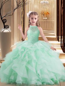 High-neck Sleeveless Lace Up Kids Formal Wear Apple Green Tulle