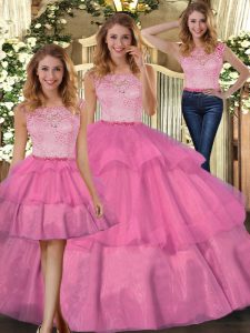 Hot Pink Three Pieces Scoop Sleeveless Tulle Floor Length Zipper Lace Sweet 16 Dresses