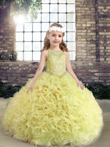 Beading Glitz Pageant Dress Yellow Green Lace Up Sleeveless Floor Length
