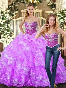 Spectacular Floor Length Lace Up Quinceanera Dress Lilac for Sweet 16 and Quinceanera with Beading and Ruffles