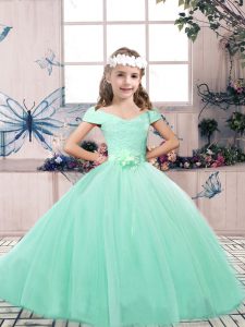 Stylish Tulle Sleeveless Floor Length Kids Formal Wear and Lace and Belt
