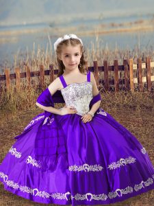 Sleeveless Floor Length Beading and Embroidery Lace Up Little Girls Pageant Dress Wholesale with Purple
