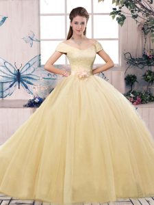 Off The Shoulder Short Sleeves Sweet 16 Dresses Floor Length Lace and Hand Made Flower Champagne Tulle