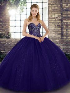 Glittering Sweetheart Sleeveless Lace Up Quinceanera Gown Purple Tulle
