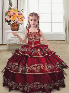 Burgundy Lace Up Little Girls Pageant Gowns Embroidery and Ruffled Layers Sleeveless Floor Length