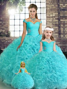 Floor Length Lace Up Sweet 16 Dress Aqua Blue for Military Ball and Sweet 16 and Quinceanera with Beading