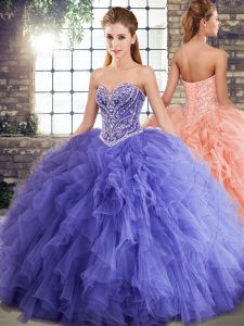 Elegant Floor Length Lace Up Quinceanera Dresses Lavender for Military Ball and Sweet 16 and Quinceanera with Beading and Ruffles