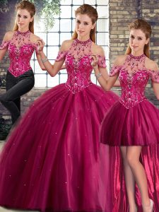 Custom Fit Fuchsia Sleeveless Tulle Brush Train Lace Up Sweet 16 Quinceanera Dress for Military Ball and Sweet 16 and Quinceanera