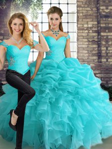Off The Shoulder Sleeveless Organza Quinceanera Gown Beading and Ruffles and Pick Ups Lace Up