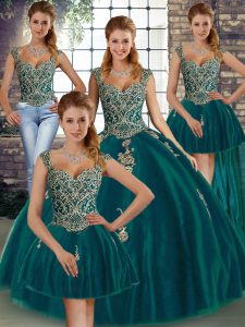Elegant Straps Sleeveless Lace Up Quinceanera Gown Peacock Green Tulle