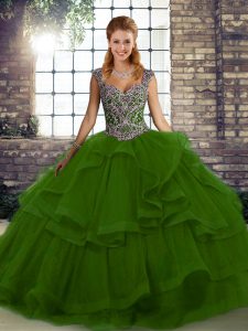 Chic Straps Sleeveless Quince Ball Gowns Floor Length Beading and Ruffles Green Tulle
