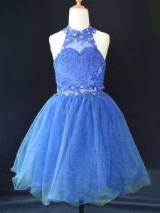Blue A-line Organza Halter Top Sleeveless Beading and Lace Mini Length Lace Up Kids Formal Wear