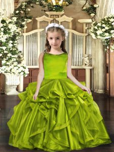 Fantastic Floor Length Lace Up Little Girl Pageant Dress Olive Green for Party and Wedding Party with Ruffles