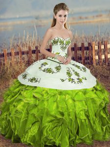 Hot Sale Embroidery and Ruffles and Bowknot Quinceanera Dresses Olive Green Lace Up Sleeveless Floor Length