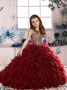 Wine Red Ball Gowns Beading and Ruffles Pageant Gowns For Girls Lace Up Organza Sleeveless Floor Length