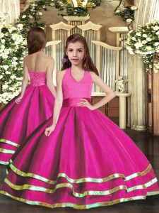 Beautiful Floor Length Fuchsia Little Girls Pageant Gowns Organza Sleeveless Ruffled Layers