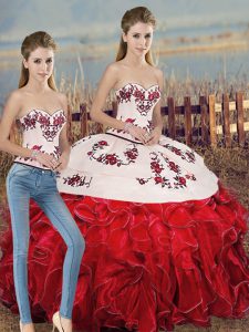 Sleeveless Organza Floor Length Lace Up Quinceanera Gowns in White And Red with Embroidery and Ruffles and Bowknot