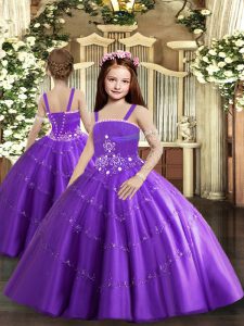 Purple Tulle Lace Up Straps Sleeveless Floor Length Little Girls Pageant Gowns Beading and Ruffled Layers