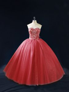 Elegant Red Sleeveless Beading Lace Up Quinceanera Gowns