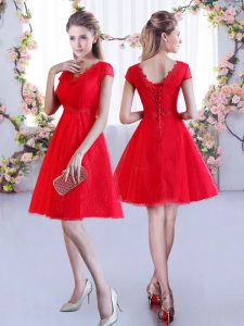 Red Dama Dress Wedding Party with Lace V-neck Cap Sleeves Lace Up