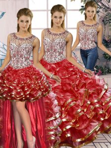 Sleeveless Organza Floor Length Lace Up Sweet 16 Dresses in Red with Beading and Ruffles