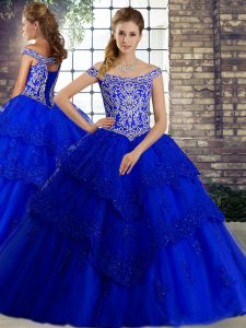 Romantic Sleeveless Brush Train Beading and Lace Lace Up Vestidos de Quinceanera