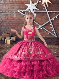 Beauteous Hot Pink Ball Gowns Satin and Organza Straps Sleeveless Embroidery and Ruffled Layers Floor Length Lace Up Kids Pageant Dress