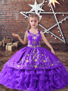 Floor Length Lace Up Pageant Dresses Lavender for Wedding Party with Embroidery and Ruffled Layers