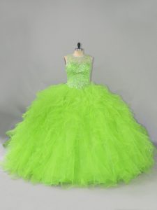 Tulle Lace Up Scoop Sleeveless 15th Birthday Dress Beading and Ruffles
