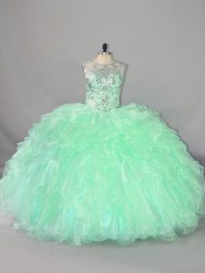 Custom Design Apple Green Sleeveless Floor Length Beading and Ruffles Lace Up Quinceanera Gowns