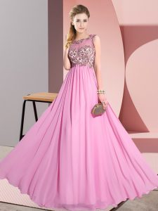 Noble Beading and Appliques Quinceanera Court of Honor Dress Rose Pink Backless Sleeveless Floor Length