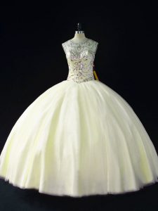 Spectacular Scoop Sleeveless Party Dress for Girls Floor Length Beading Light Yellow Tulle