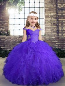 Gorgeous Floor Length Purple Glitz Pageant Dress Tulle Sleeveless Beading and Ruffles