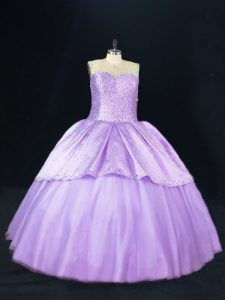 Artistic Sleeveless Satin and Tulle Floor Length Lace Up Quinceanera Dresses in Lavender with Beading