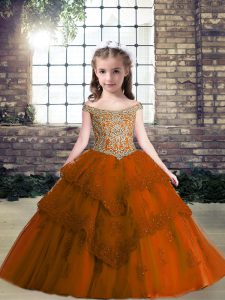 Rust Red Sleeveless Tulle Lace Up Little Girls Pageant Gowns for Party
