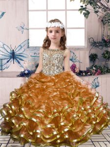 Sleeveless Organza Floor Length Lace Up Pageant Dress for Teens in Brown with Beading and Ruffles